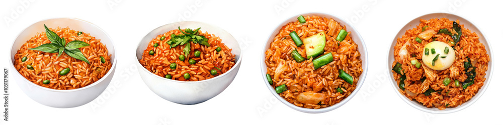 A vibrant array of four bowls of flavorful rice dishes, adorned with herbs and garnishes against a dark background. A vibrant array of four bowls of flavorful rice dishes, adorned with herbs and garnishes against a dark background.