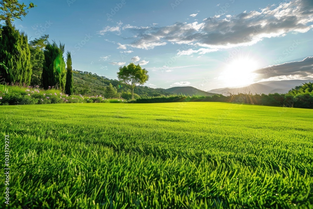 Obraz premium lush, green lawn with a beautiful sunlit landscape of trees and hills in the background