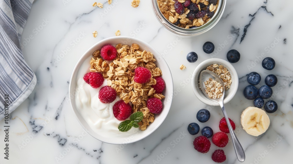 A Healthy Morning Delight: Granola, Yogurt, and Fresh Berries Arrangement A Healthy Morning Delight: Granola, Yogurt, and Fresh Berries Arrangement