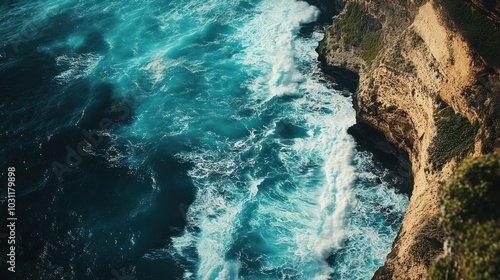 Aerial view of turquoise ocean waves crashing against a rocky cliff.