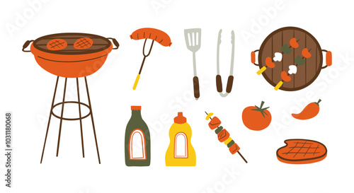 Barbecue and Grilling Essentials Illustration. Featuring grilling essentials, like barbecue grills, utensils, sauces, and delicious food items. Perfect for outdoor cooking or camping themed designs