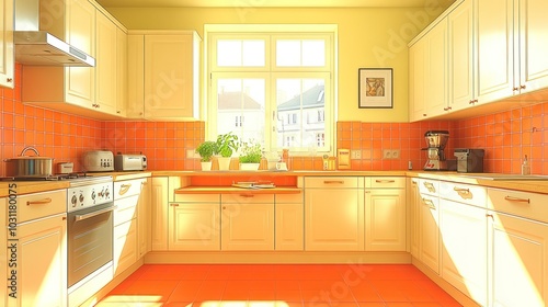 Bright and modern kitchen with orange accents and natural light.
