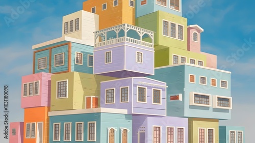 Abstract illustration of colorful pastel buildings in vertical stack, unique designs, bright blue sky background