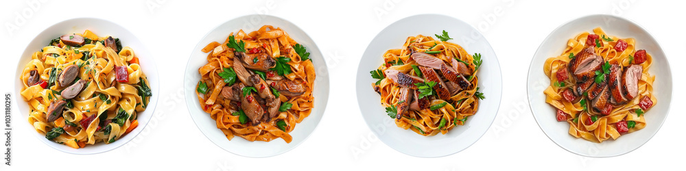 A vibrant assortment of four pasta dishes, each garnished with fresh herbs and various toppings, presented in white bowls against a black background. A vibrant assortment of four pasta dishes, each garnished with fresh herbs and various toppings, presented in white bowls against a black background.