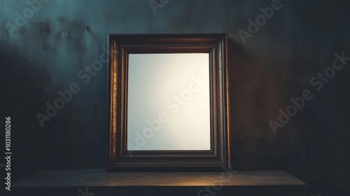 A blank picture frame on a shelf against a dark wall.