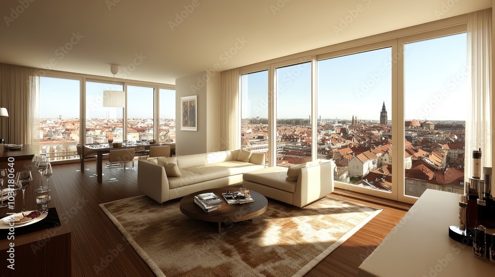 Fototapeta premium Modern living room with city view and elegant furnishings.