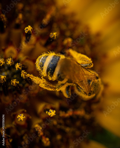 A macro photo of a bee on a flower