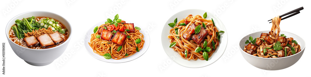 A variety of delicious noodle dishes served in white bowls, showcasing colorful ingredients and garnishes.