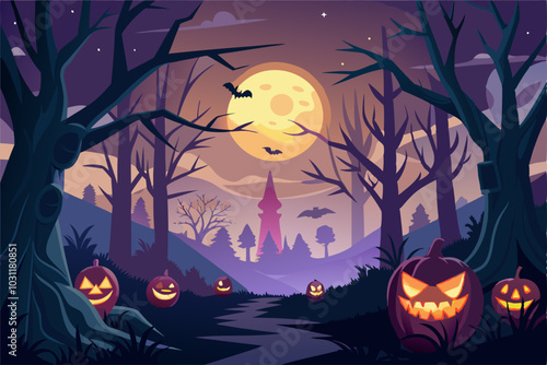 Halloween Pumpkins In Spooky Forest At Night., Halloween background with pumpkin, Halloween theme, spooky atmosphere