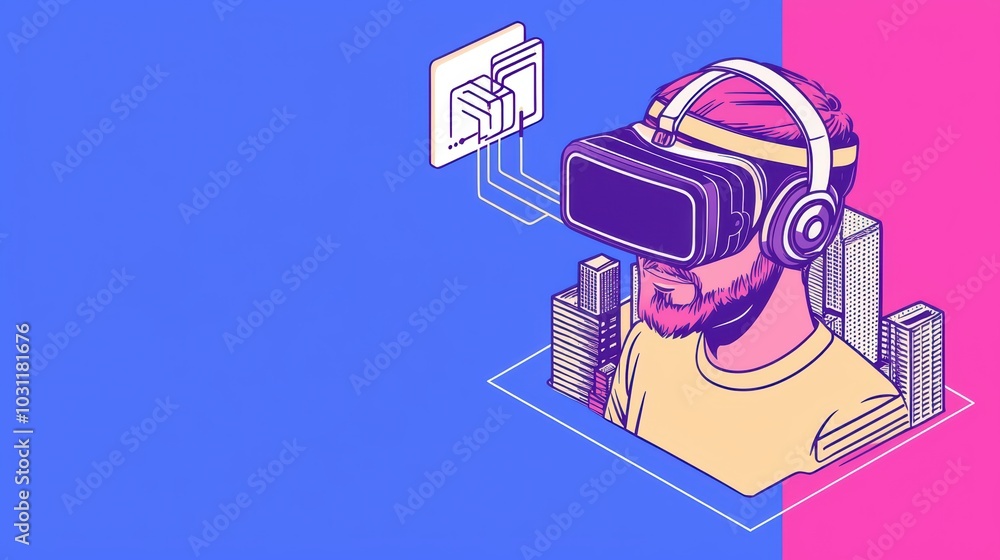 A man wearing virtual reality goggles, immersed in a digital world with colorful graphics. A man wearing virtual reality goggles, immersed in a digital world with colorful graphics.