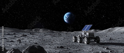 A lunar rover exploring the moon's surface with Earth visible in the background against a starry sky.