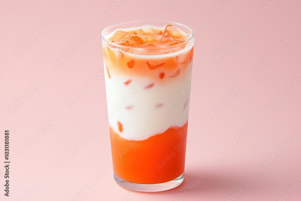 A refreshing layered drink with red and white colors, served in a clear glass against a soft pink background. A refreshing layered drink with red and white colors, served in a clear glass against a soft pink background.