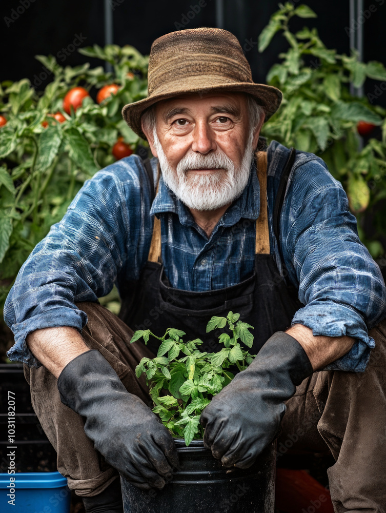 Senior farmer with hat holding tomato plant and harvest in black container Senior farmer with hat holding tomato plant and harvest in black container