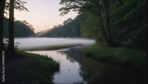 Serene Misty River at Dawn Surrounded by Lush Greenery