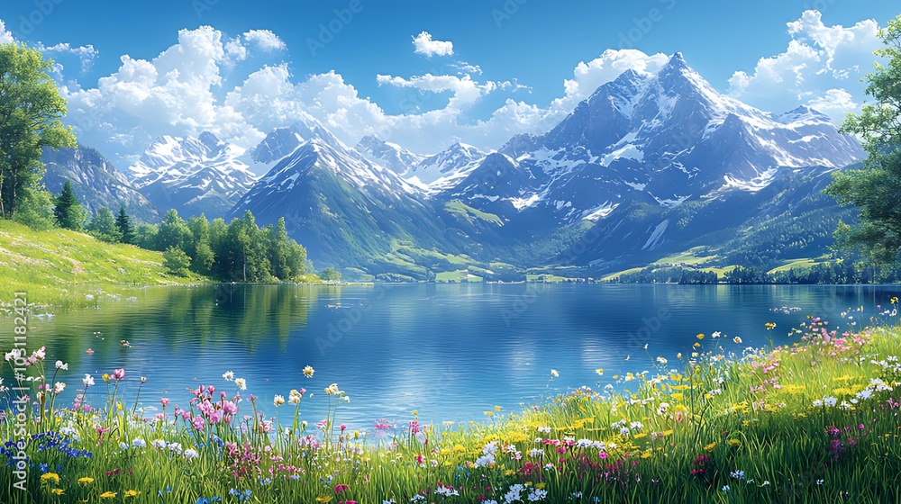 Fototapeta premium A picturesque mountain lake reflecting the snow-capped peaks, with a vibrant field of wildflowers in the foreground.