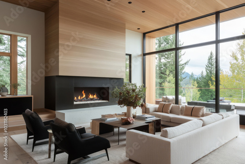 Wallpaper Mural Bright and cozy living room with a fireplace and comfortable white furniture Torontodigital.ca