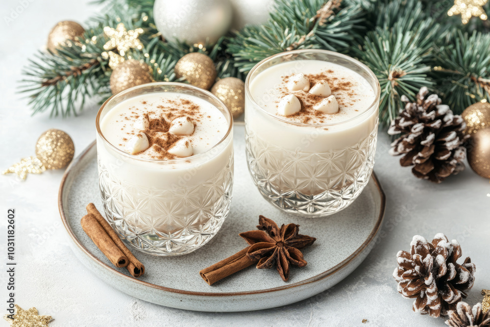 Two glasses of eggnog topped with cinnamon sticks and star anise. Evergreen sprigs in the background Two glasses of eggnog topped with cinnamon sticks and star anise. Evergreen sprigs in the background