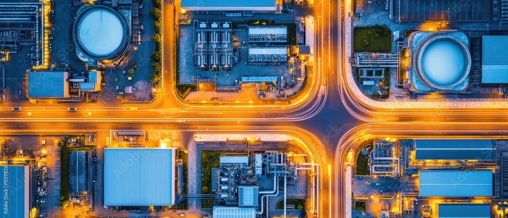 Aerial view of industrial complex with illuminated roads and buildings at night. Aerial view of industrial complex with illuminated roads and buildings at night.
