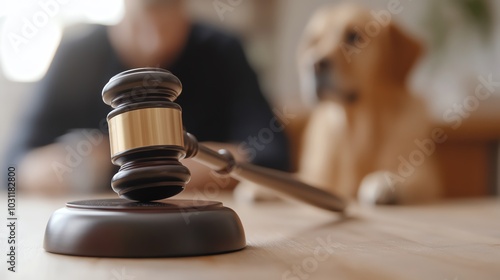 Close-up of a judge's gavel on a table with a dog and person in the background, symbolizing animal law and justice.