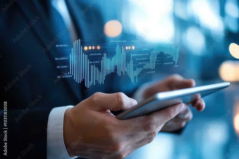 Close-up of professional hands holding a smartphone with digital financial data displayed in an office setting. Close-up of professional hands holding a smartphone with digital financial data displayed in an office setting.
