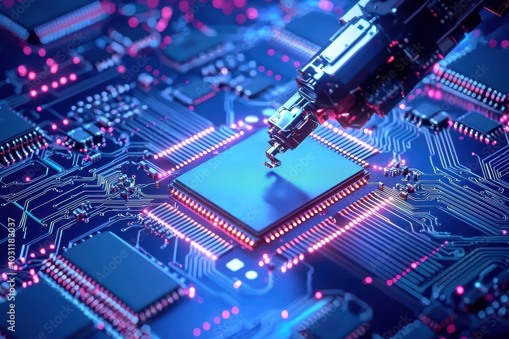 Close-up view of a robotic arm assembling a computer chip on a vibrant circuit board. Close-up view of a robotic arm assembling a computer chip on a vibrant circuit board.