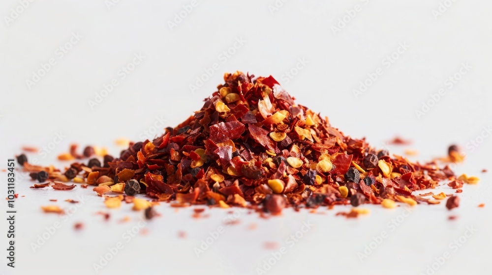 A pile of dried red pepper flakes on a white surface. The flakes are scattered around the pile, creating a vibrant red and orange color. A pile of dried red pepper flakes on a white surface. The flakes are scattered around the pile, creating a vibrant red and orange color.