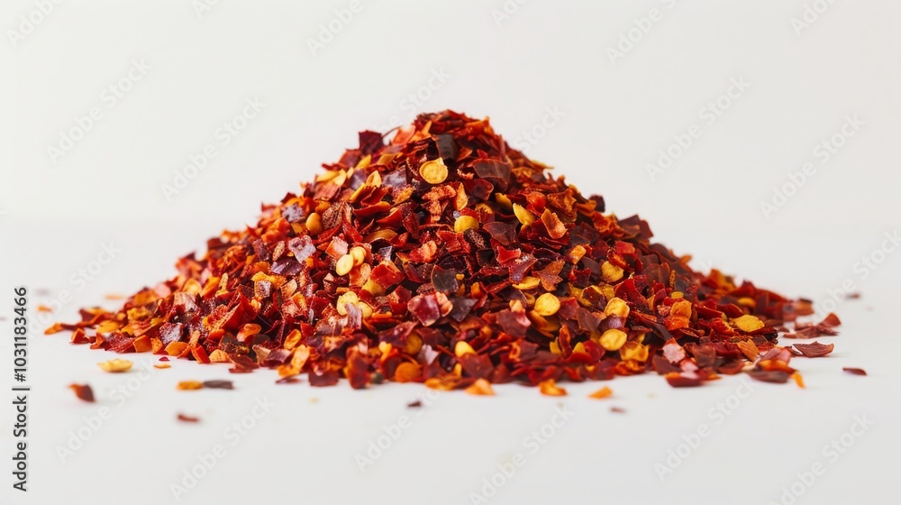 A pile of dried red pepper flakes, a popular spice used in cooking, sits on a white background. A pile of dried red pepper flakes, a popular spice used in cooking, sits on a white background.