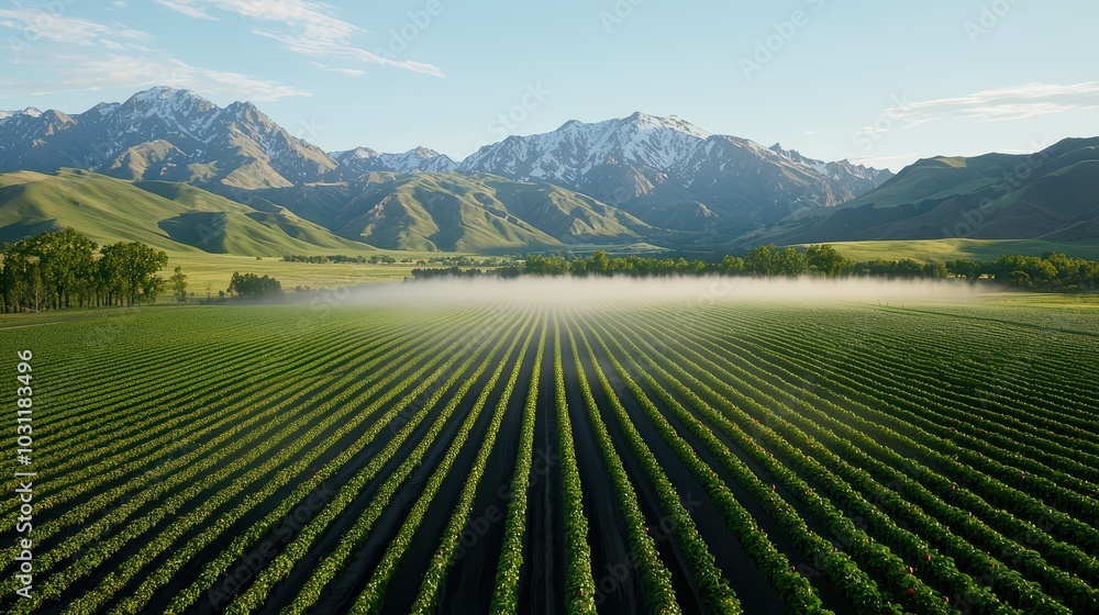 Fototapeta premium Expansive vineyard landscape with misty mountains in the background, showcasing rows of lush green plants under a clear sky.