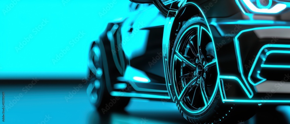 Fototapeta premium Futuristic car design with glowing accents on a sleek body against a vibrant blue background.