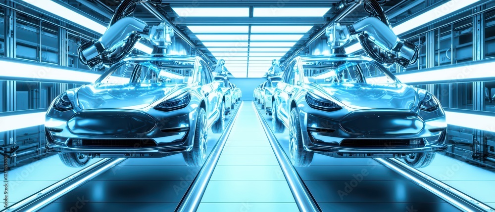 Obraz premium Futuristic automotive assembly line with robotic arms assembling electric cars in a high-tech environment.