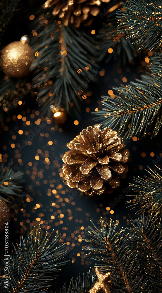 Dark and Gold Christmas Background with Decorations on Fir Tree Dark and Gold Christmas Background with Decorations on Fir Tree