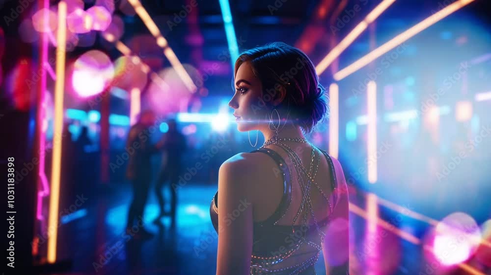 A girl with vibrant night out in the city with neon lights setting the mood for dancing and socializing in an energetic atmosphere, Smooth looping video with 4K animation A girl with vibrant night out in the city with neon lights setting the mood for dancing and socializing in an energetic atmosphere, Smooth looping video with 4K animation