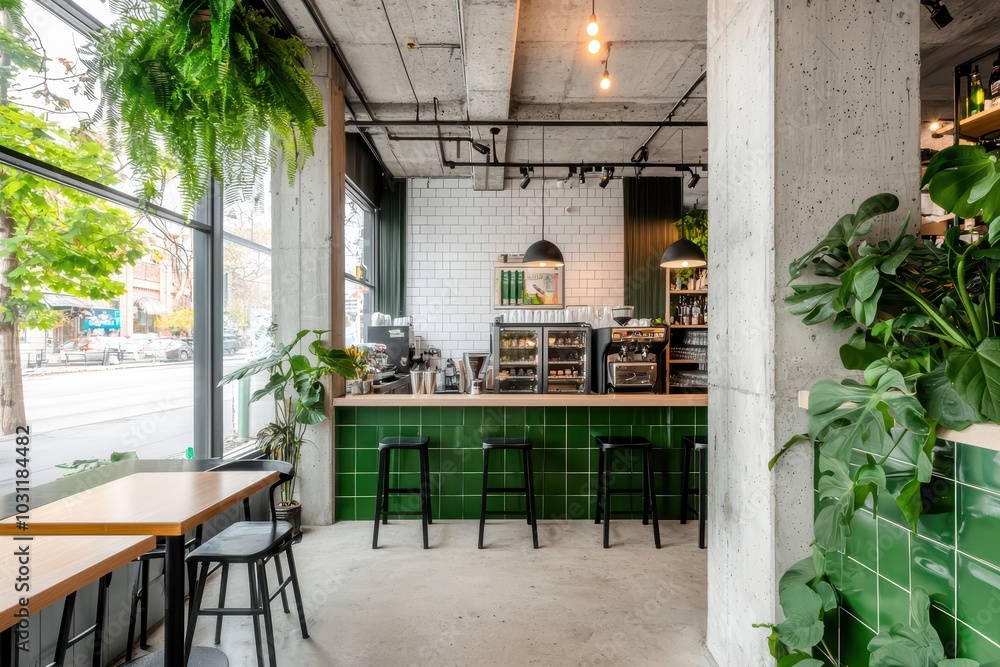 Obraz premium Modern cafe interior with vibrant green tiles and lush plants, featuring wooden tables and a welcoming atmosphere.