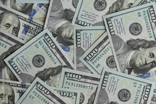 Big amount of american USD hunderd dollar bills banknotes close up