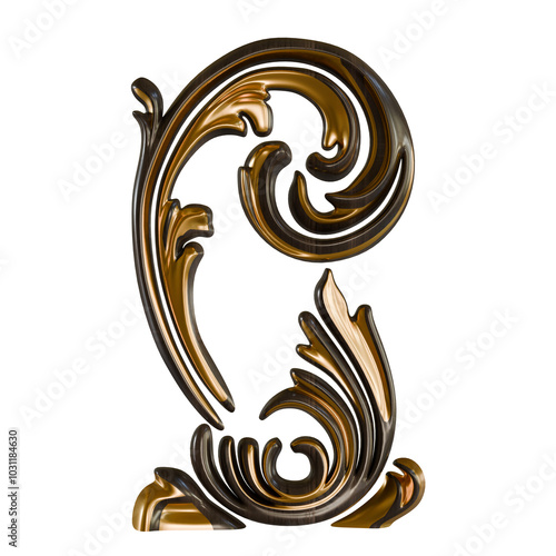 Intricate 3D Baroque Scroll – High-Resolution Gold & Wood Ornament