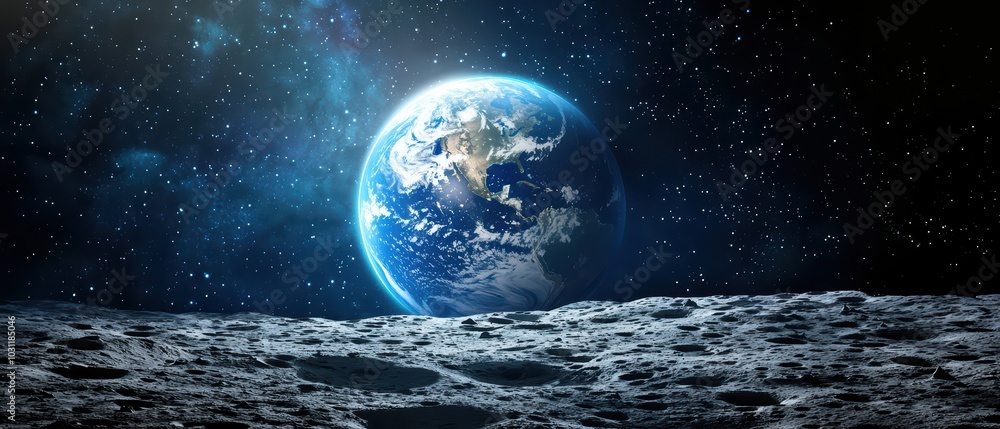 Stunning view of Earth from the Moon's surface against a starry sky. Stunning view of Earth from the Moon's surface against a starry sky.