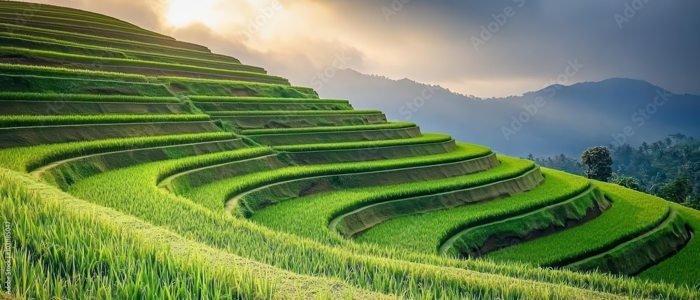 Fototapeta premium Stunning terraced rice fields under dramatic skies, showcasing lush green layers and mountainous backdrop.