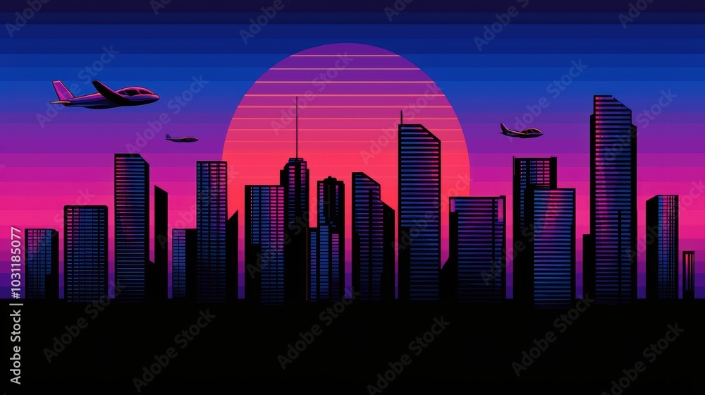 Fototapeta premium Stylized city skyline at sunset with vibrant colors and flying aircraft, creating a dramatic urban atmosphere.