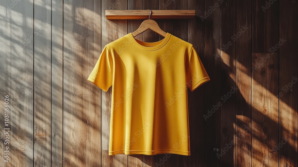 A bright yellow t-shirt hanging on a wooden hanger in soft light. A bright yellow t-shirt hanging on a wooden hanger in soft light.