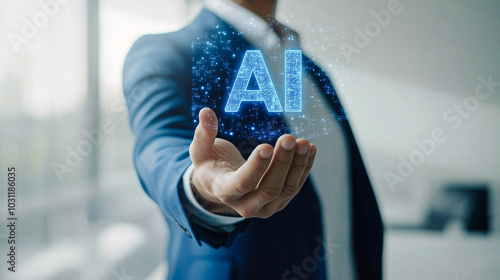 Corporate leader presenting an AI hologram; a visual representation of artificial intelligence technology in his hand, emphasizing futuristic business solutions.