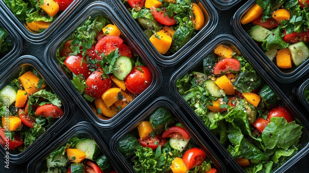 Colorful salad bowls filled with fresh vegetables and greens. Colorful salad bowls filled with fresh vegetables and greens.