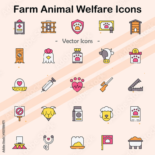 Icons representing the welfare of farm animals and ethical farming.