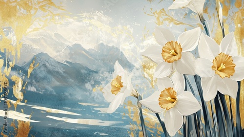 vintage hand-drawn illustration with golden paint of white daffodils flowers	 photo