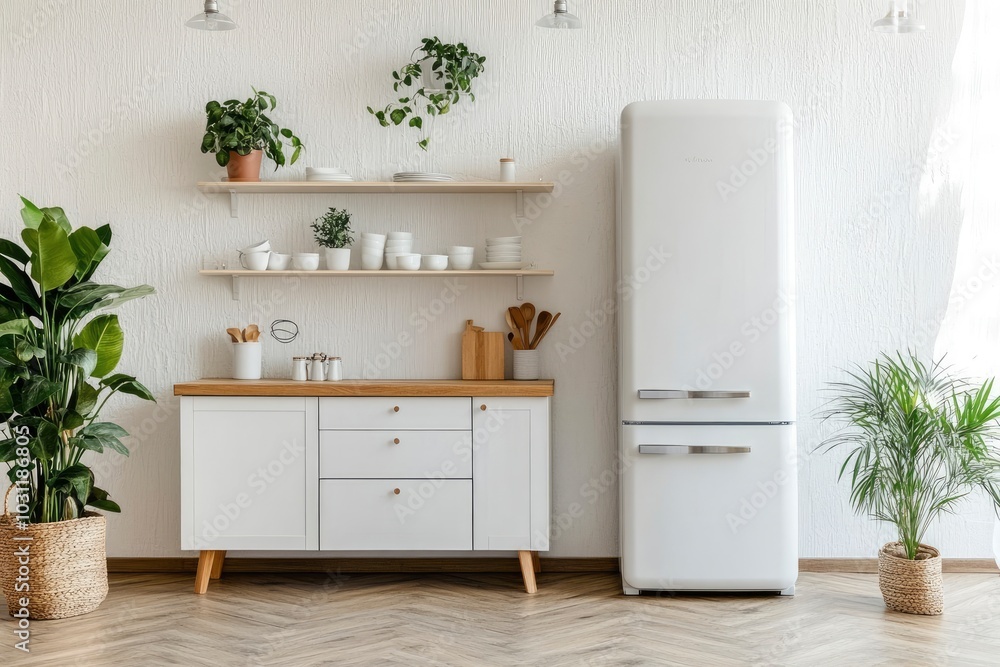 White scandinavian kitchen interior with dining room and wooden floor. Simply furniture with utensils, shelves with crockery and plants in pot, refrigerator in modern minimal design - generative ai White scandinavian kitchen interior with dining room and wooden floor. Simply furniture with utensils, shelves with crockery and plants in pot, refrigerator in modern minimal design - generative ai