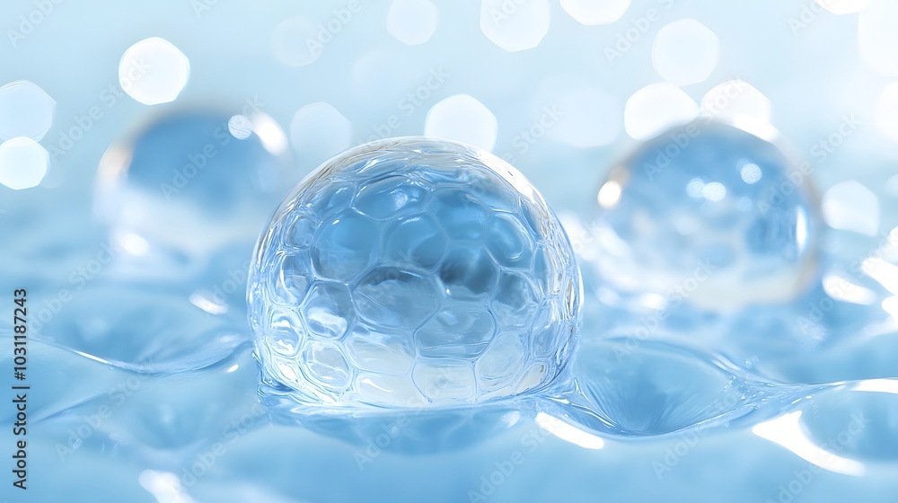 A Single Textured Glass Sphere Floating on Blue Water with a Bokeh Background