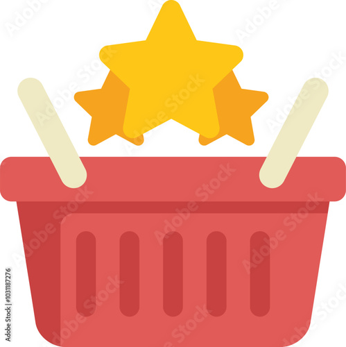 This vector illustration shows a shopping basket receiving a positive review in the form of three gold stars