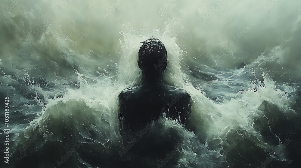 A shadowy figure stands amidst a swirling, turbulent sea, the water crashing around them. A shadowy figure stands amidst a swirling, turbulent sea, the water crashing around them.