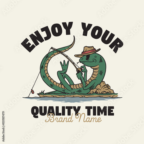 retro cartoon emblem of fishing lizard