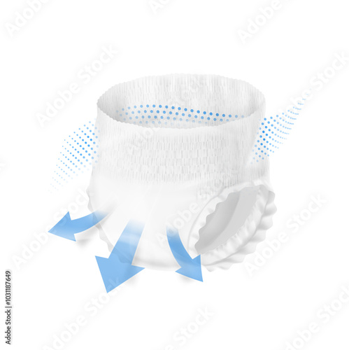 Detailed diaper pant mockup with arrows. Vector illustration isolated on white background. Perfect for showing the diaper pants, its main parts and benefits for baby, adults. EPS10.	