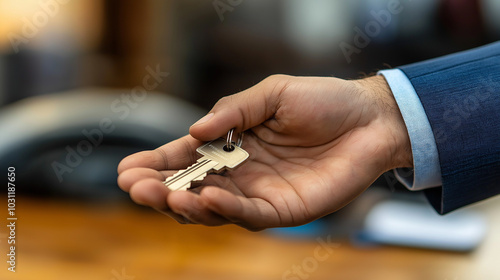 Close-up of an agent giving a key to a new owner or tenant